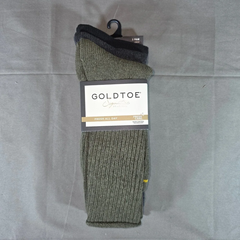 Goldtoe Signature Mens 3 Pair Crew Socks Olive Charcoal Black Size 6-12.5 GSCM01